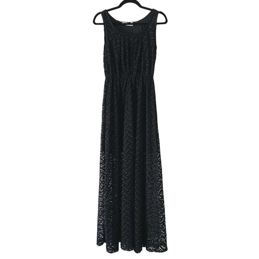 Liberty Love Maxi Dress Womens S Black Chevron Lace Crochet Boho Quiet Luxury